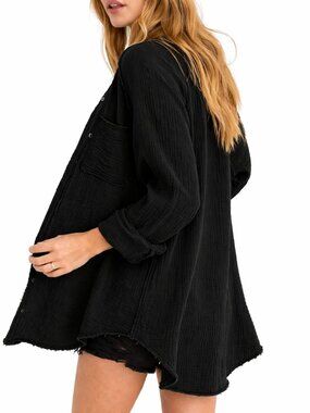 AERIE Gauzy Cover-Up Shirt Cotton Gauze Button Up Oversized Black Women's Large
